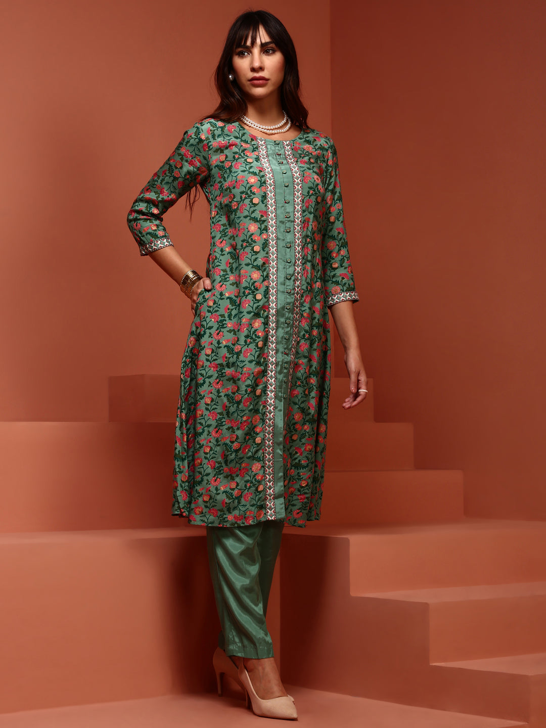 Mint Printed A-line Kurta Set