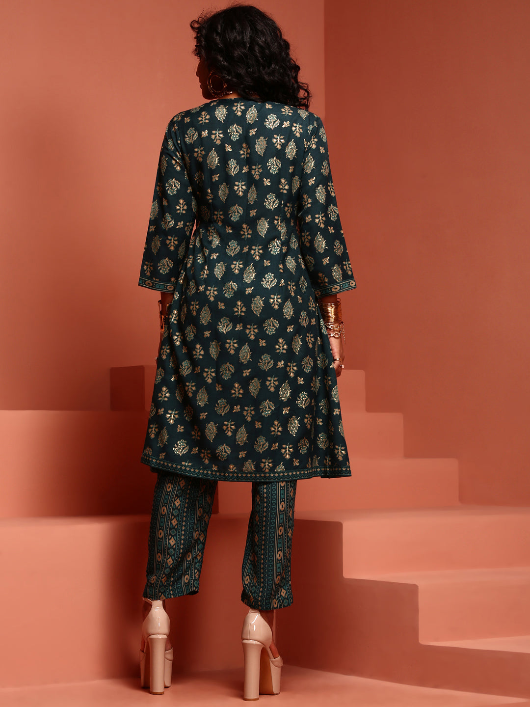 Teal Printed Muslin A-line Kurta Set