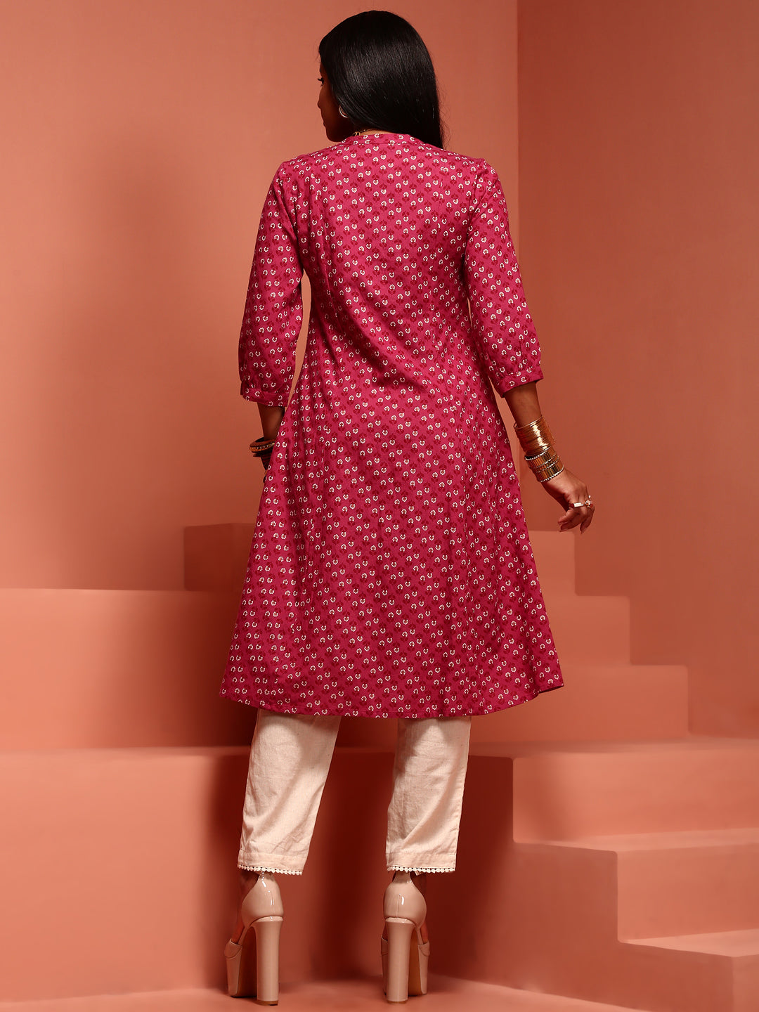 Dark Pink Printed Flared Kurta