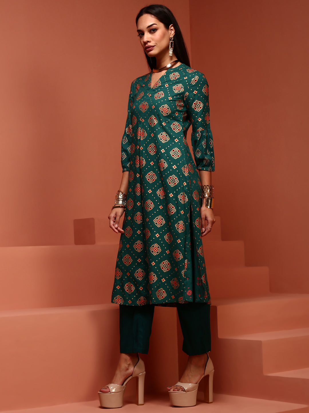 Green Printed A-line Kurta