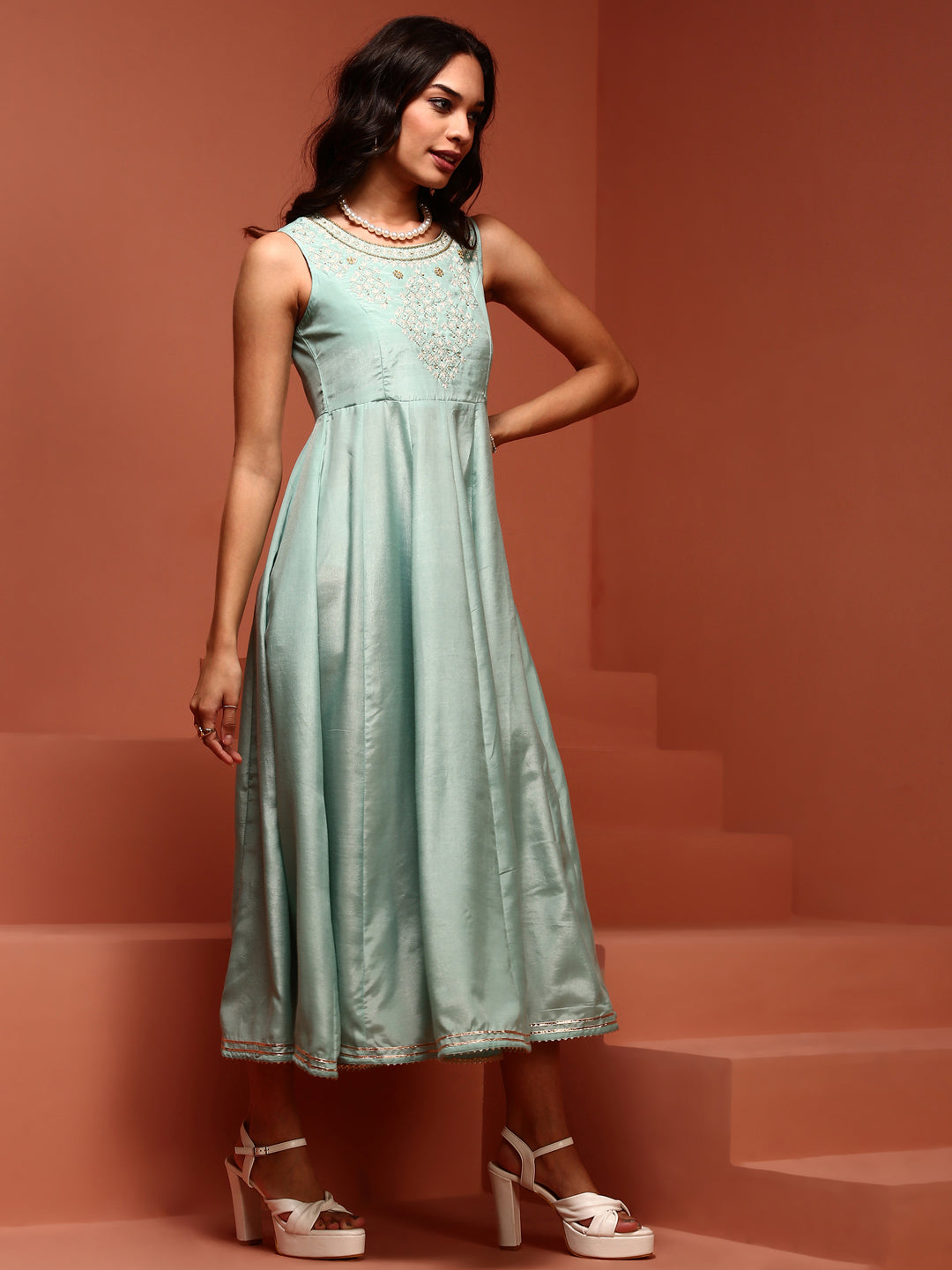 Mint Kalidar Dress With Jacket