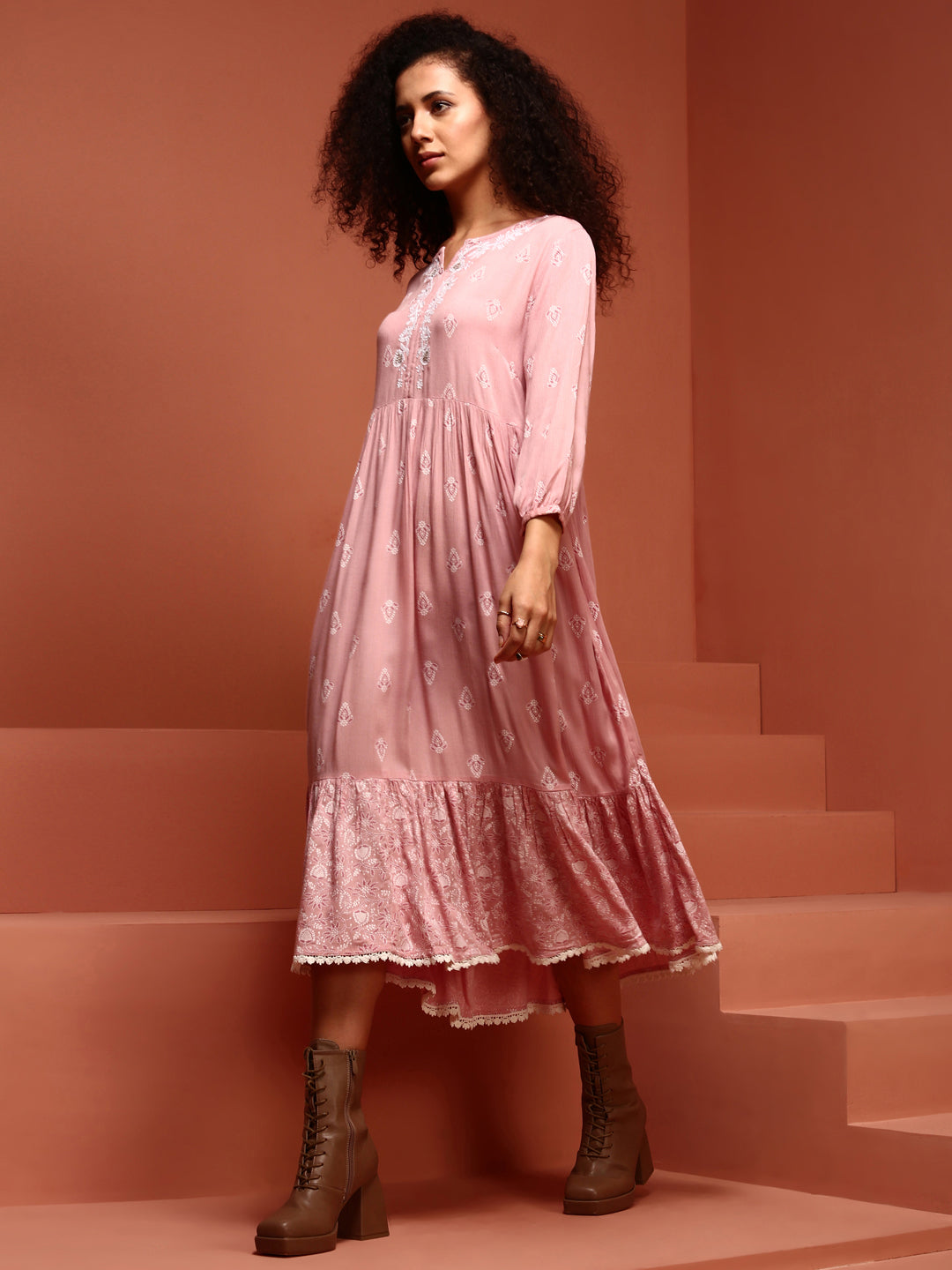 Light Pink A-line Chikankari Dress