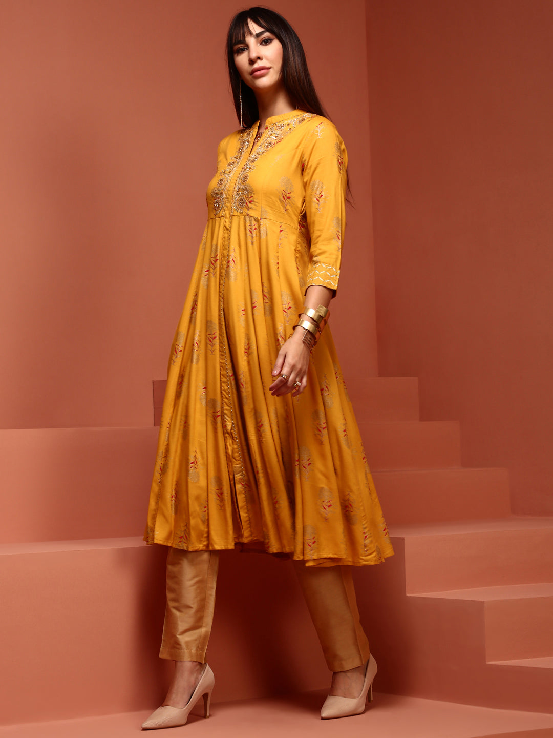 Yellow Printed Rayon Kurta