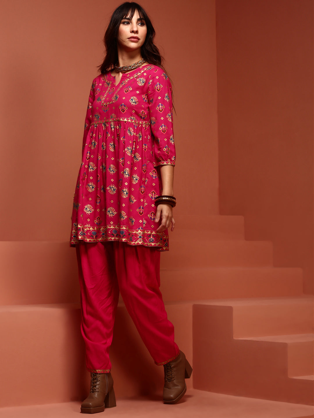 Fuchsia Printed Gathered Tunic top