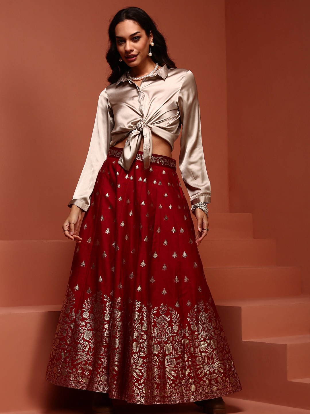 Red Printed Brocade  Skirt