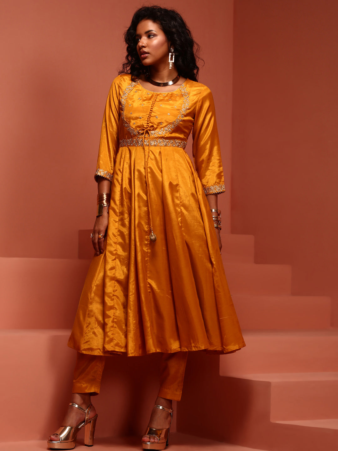 Mustard Shantoon Kalidar Kurta Set