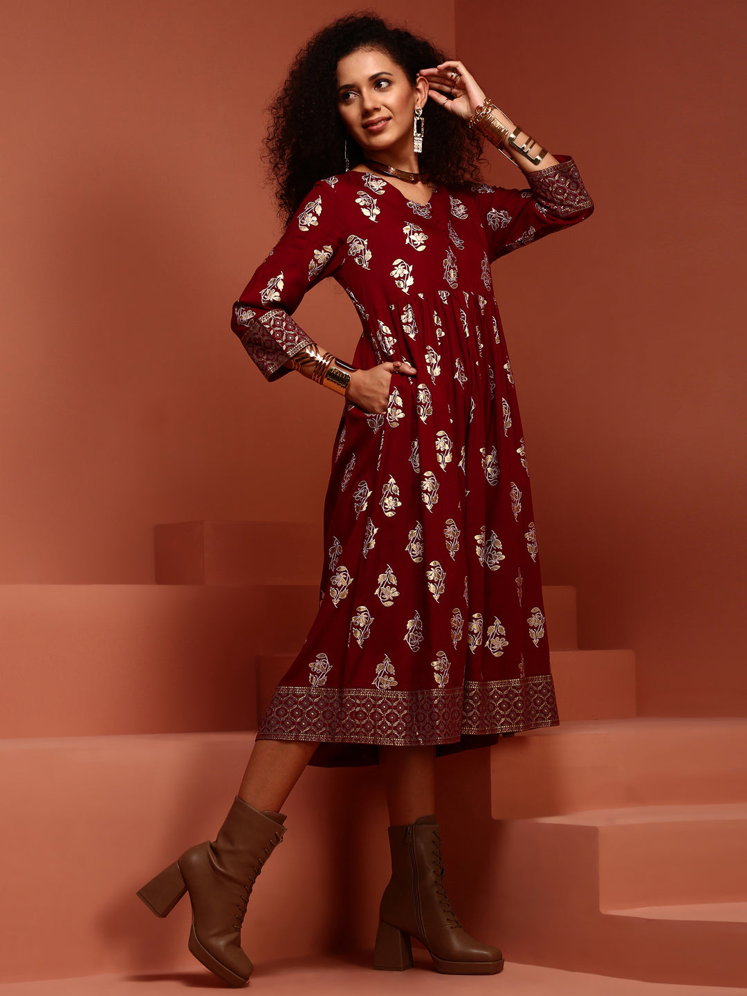 Maroon Gathered Printed Kurta