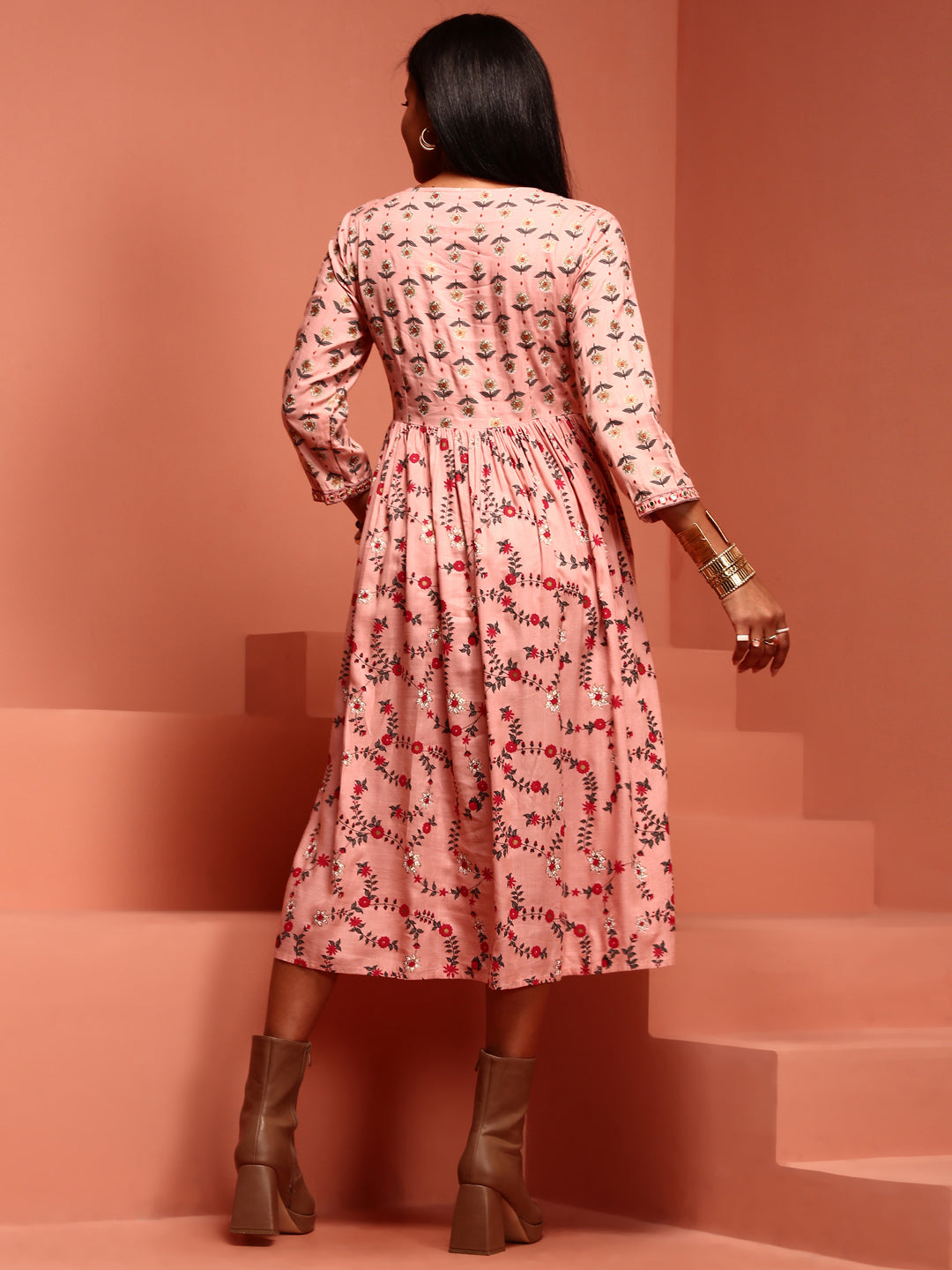 Peach Printed Rayon Kurta