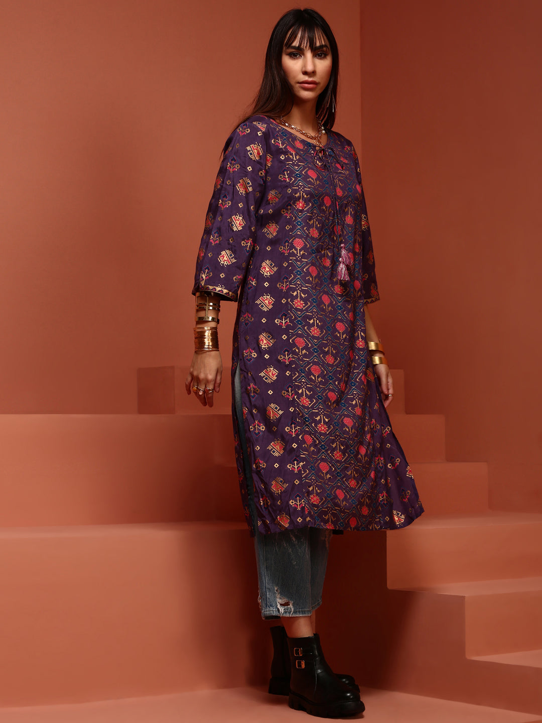 Violet Printed Straight Kurta