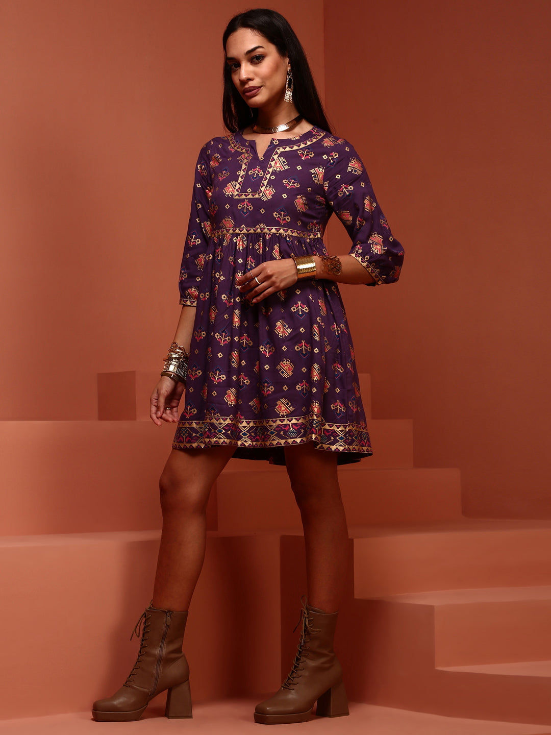 Flared Printed Tunic Top in Violet