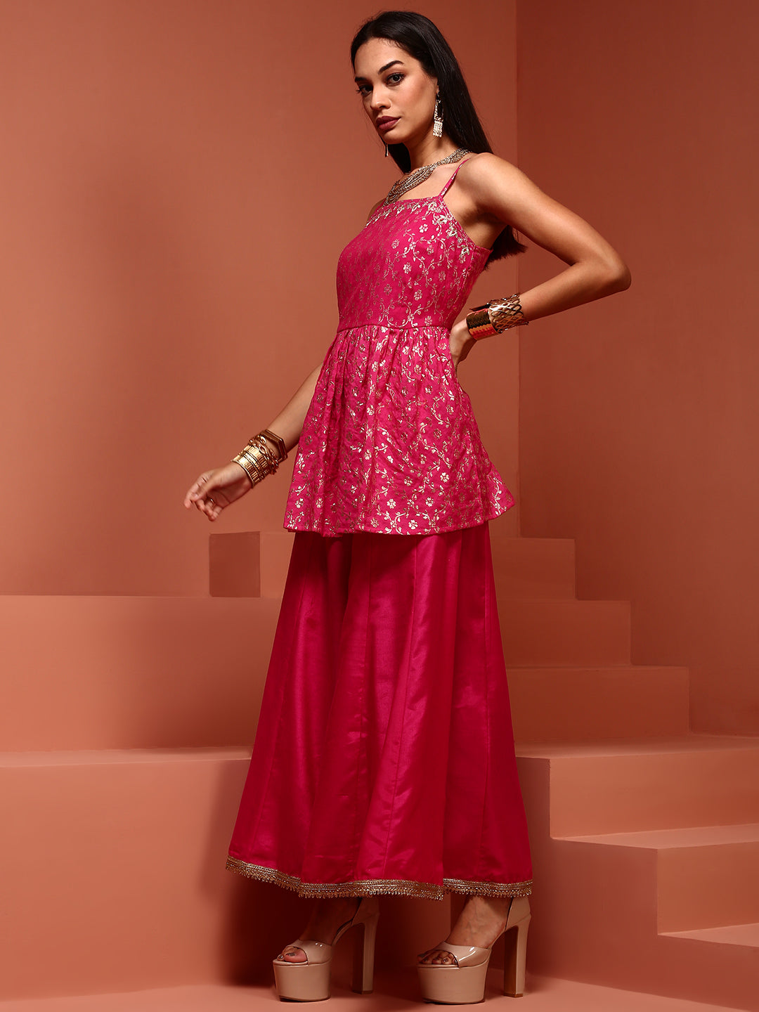 Fuchsia Cotton Jaquard Kurta Set