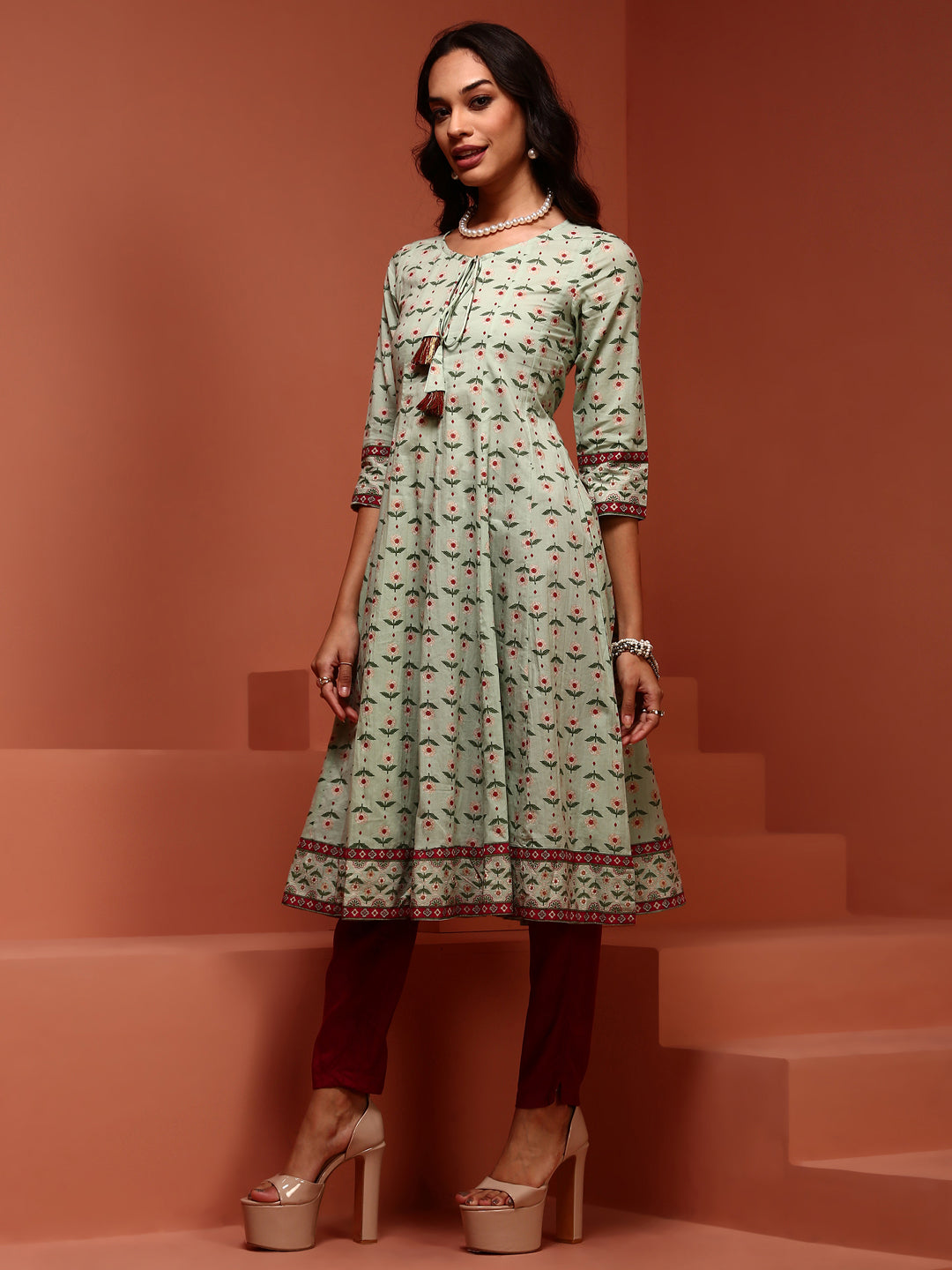 Mint Printed Pure Cotton Kalidar Kurta