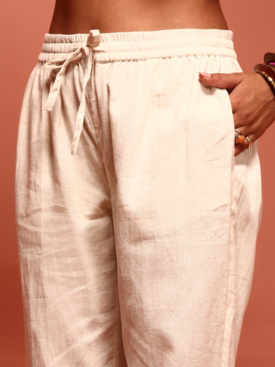 Off white Cottan Flax Straight Pant