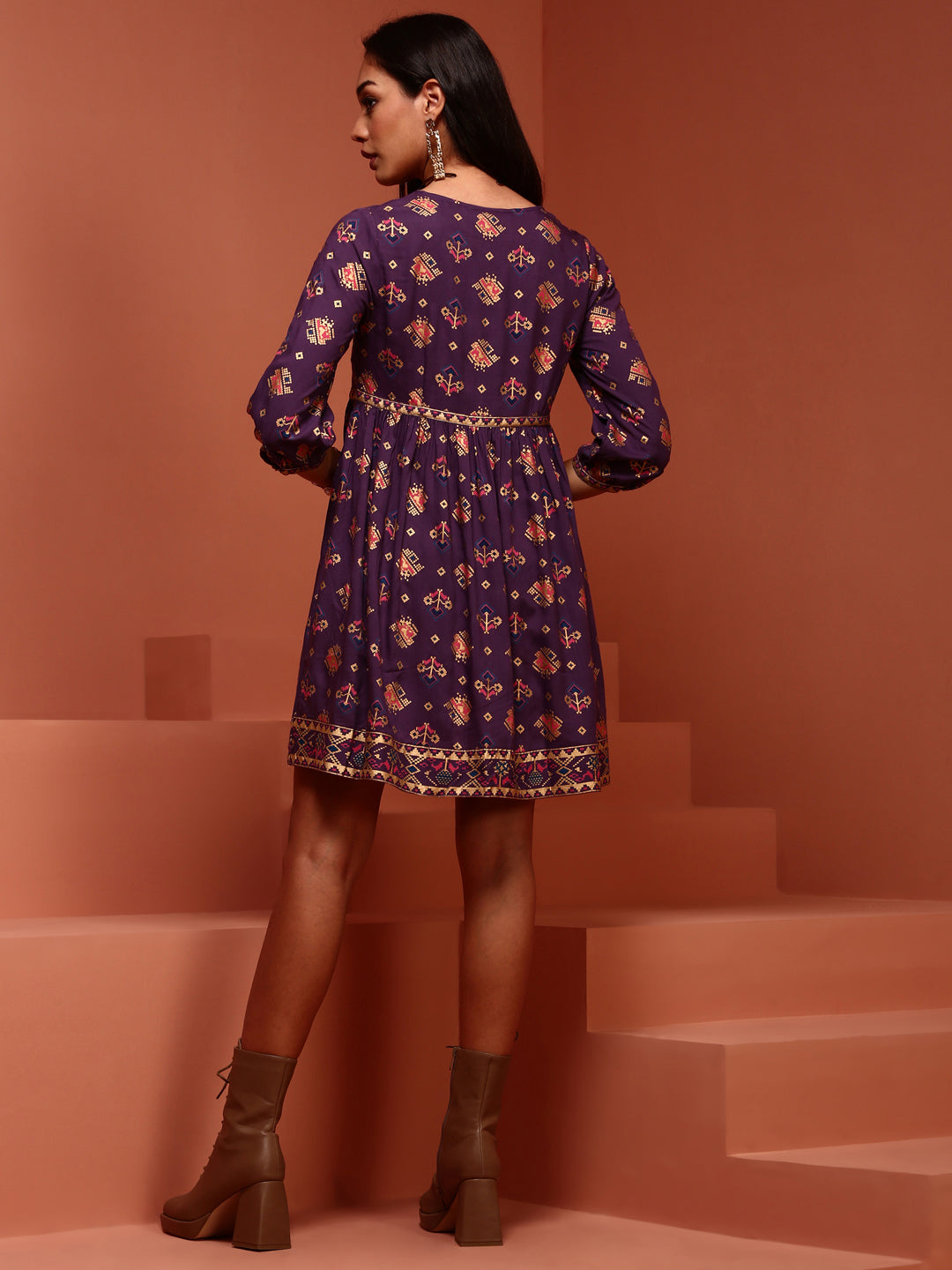 Flared Printed Tunic Top in Violet