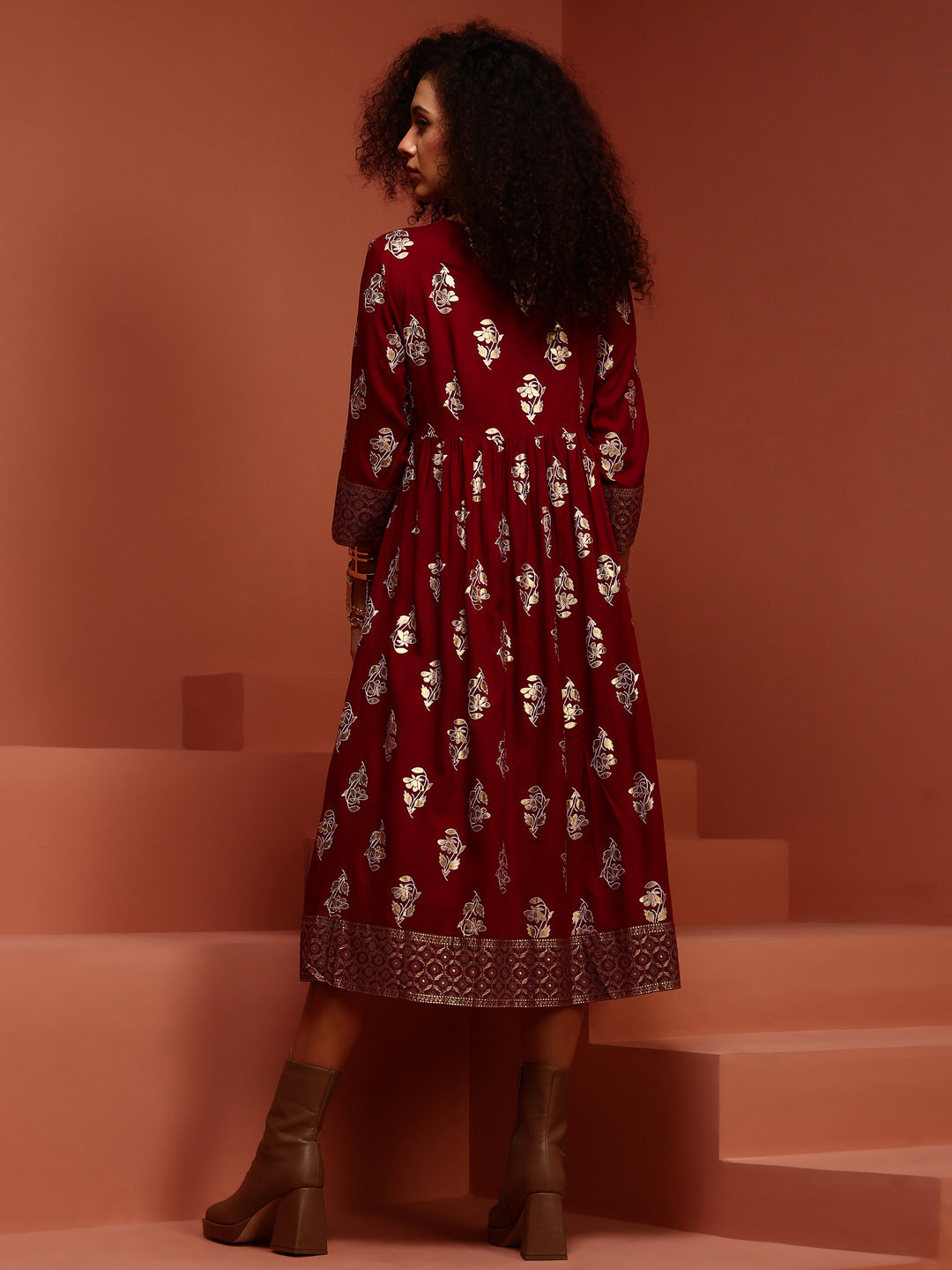 Maroon Gathered Printed Kurta