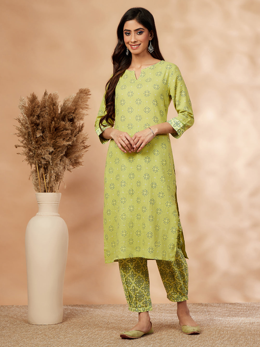 Green Printed Straight Kurta Set