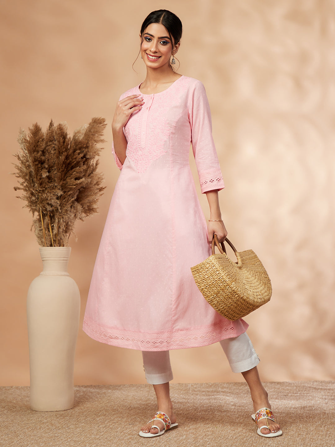 Embellished Light Pink Straight Kurta