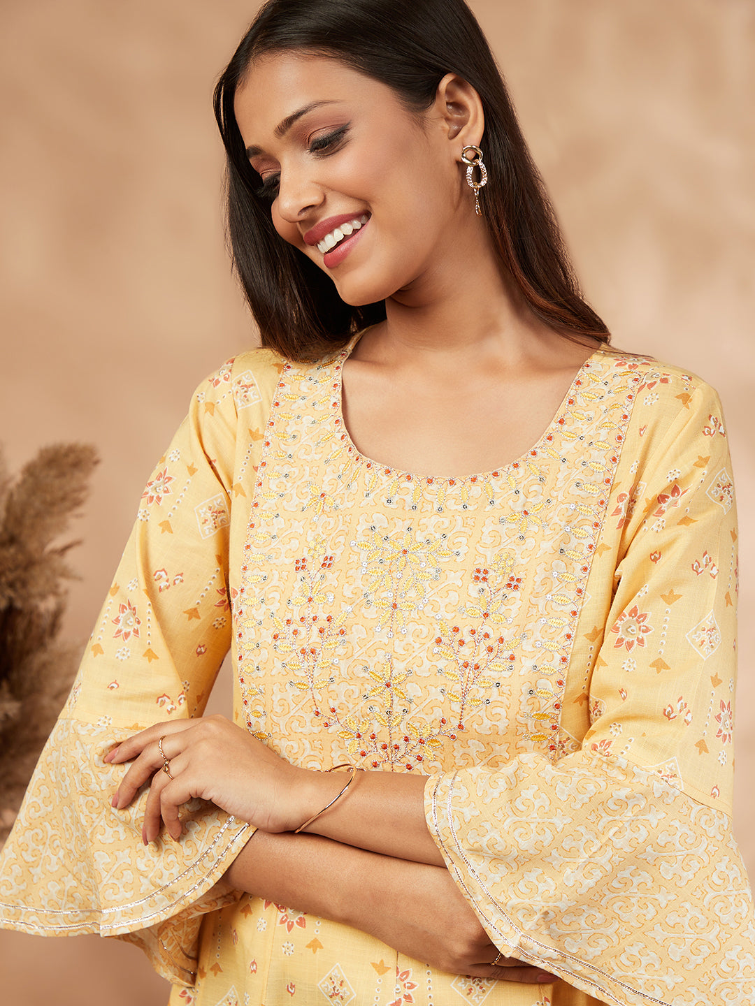 Mustard Printed Rayon Anarkali Dress