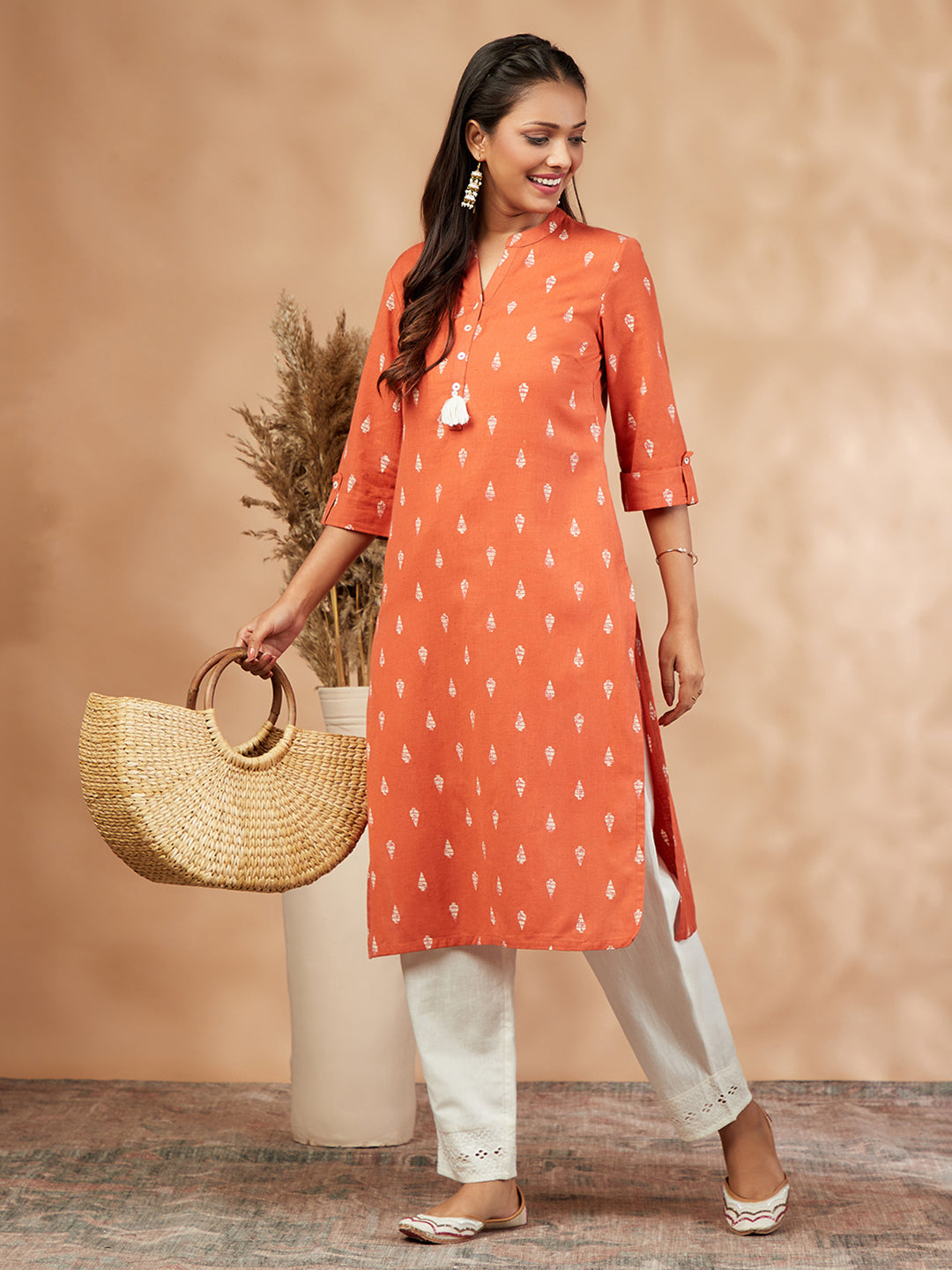 Printed Orange Straight Kurta