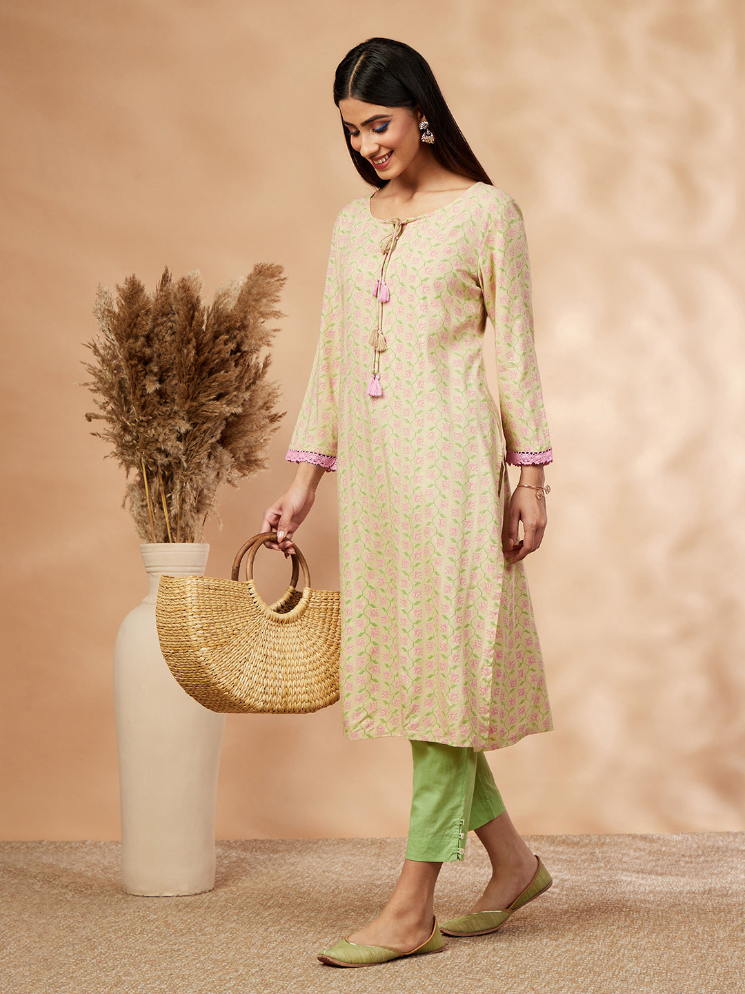 Beige Print Straight Kurta