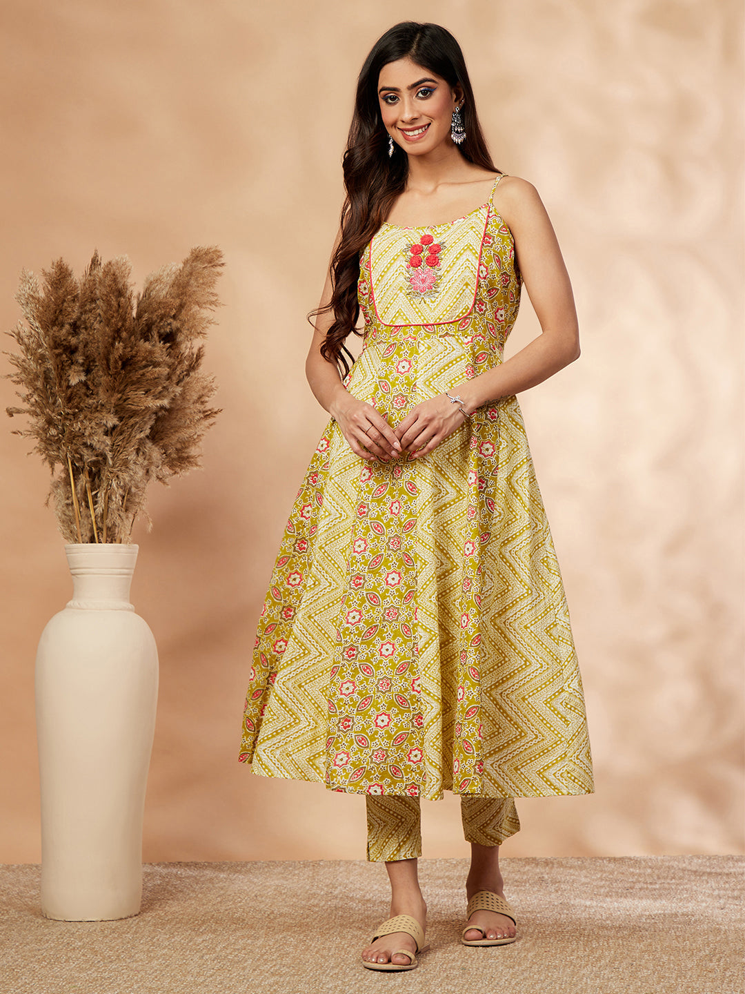 Printed Lime Green Anarkali Kurta Set