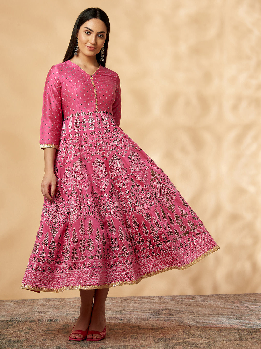 Pink Printed Kalidar Dress