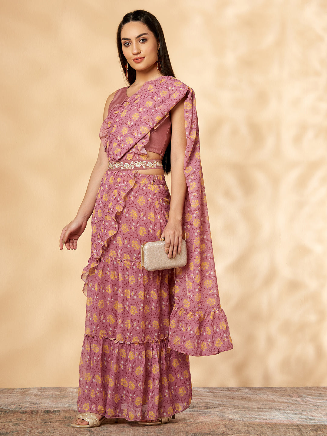 Pink Ruffled Lehenga- Sari