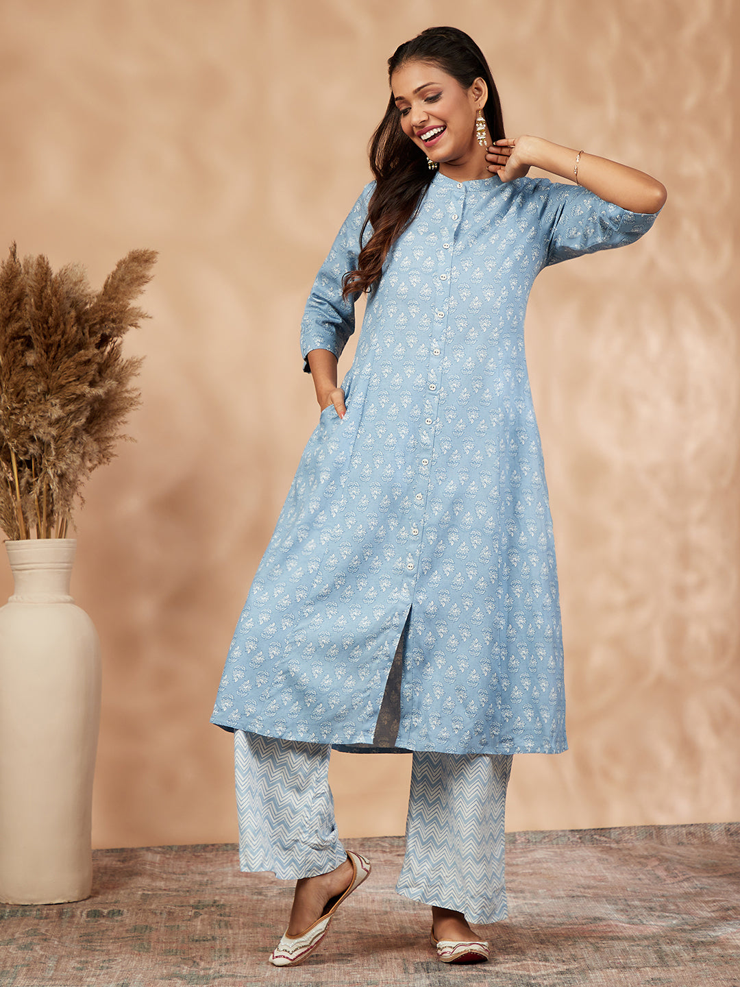 Blue Printed A-Line Kurta Set