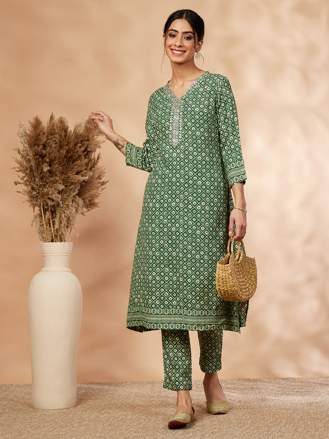 Printed Green A-Line Kurta set