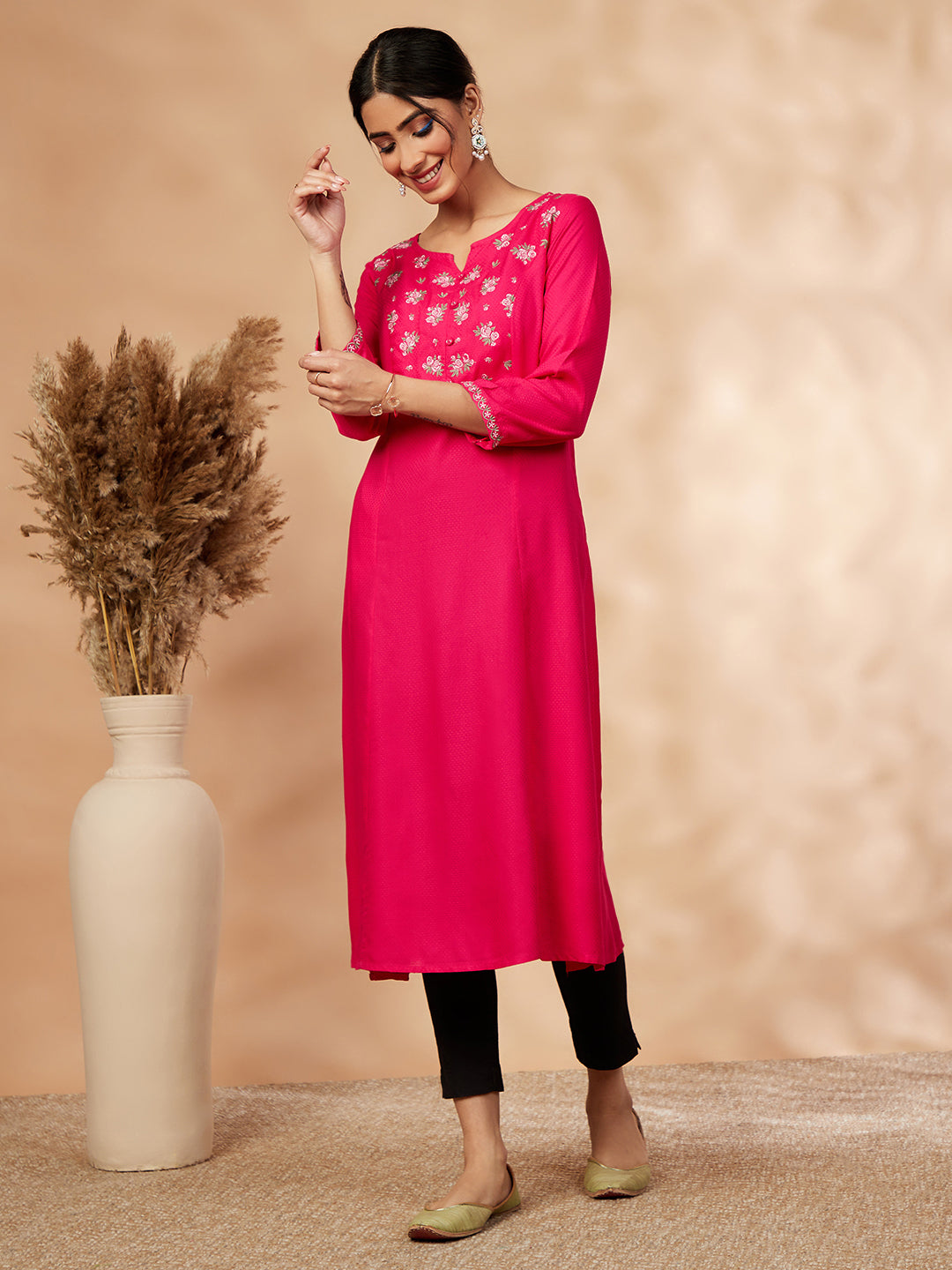 Floral Fuchsia Embellished A-Line Kurta
