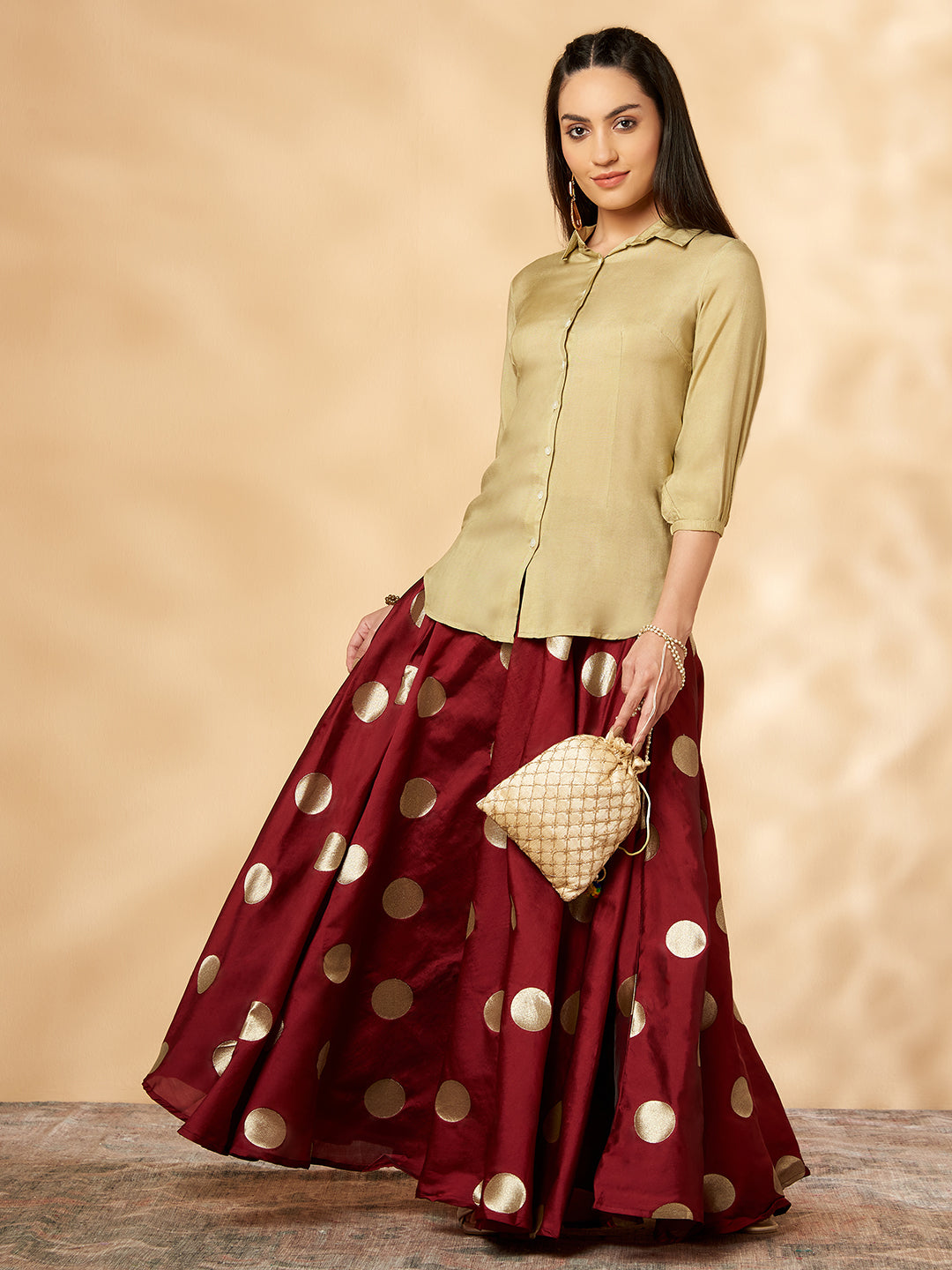 Indo-western Beige & Maroon Flared Skirt Set