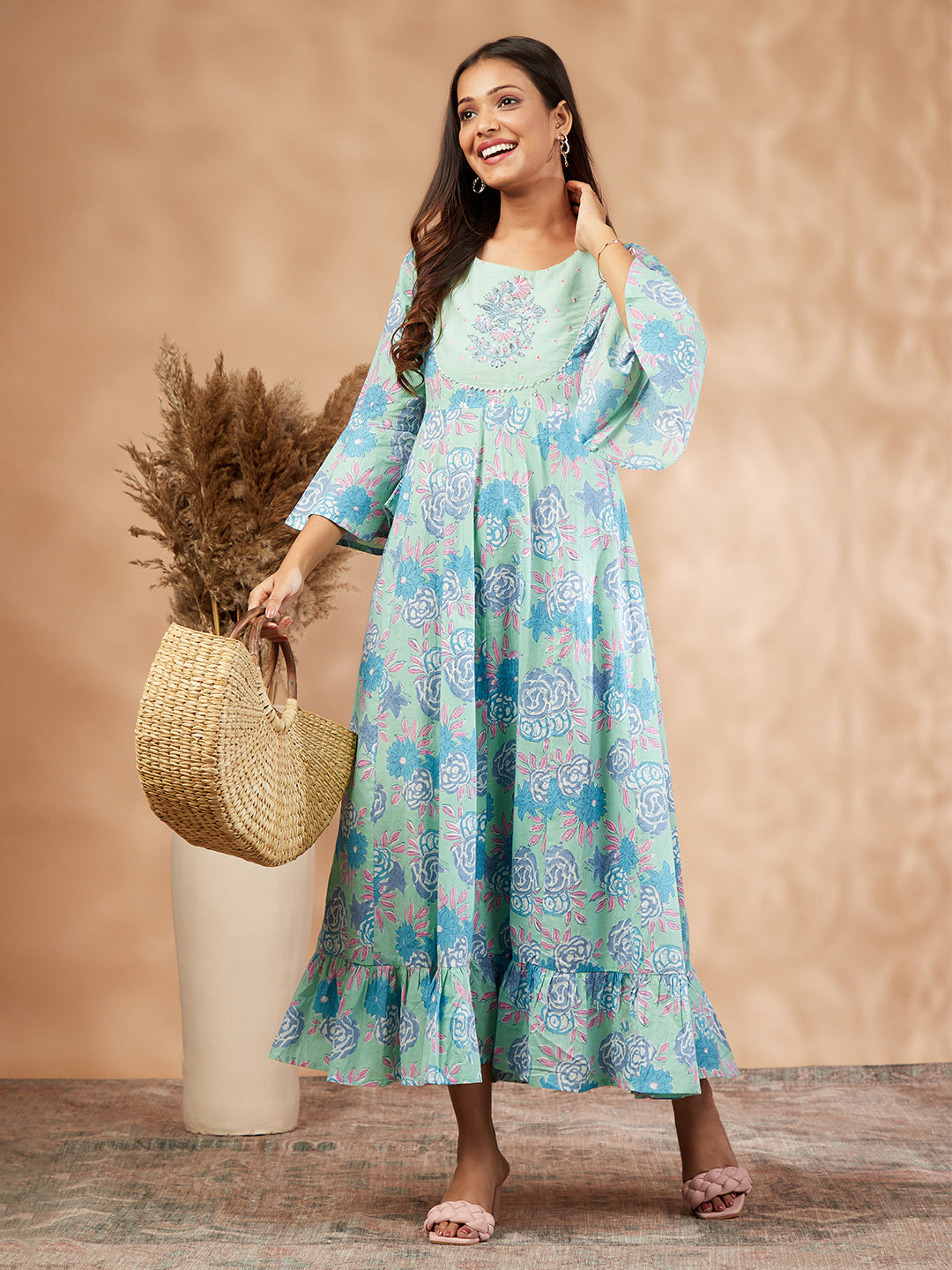 Mint Floral Print  Anarkali Dress