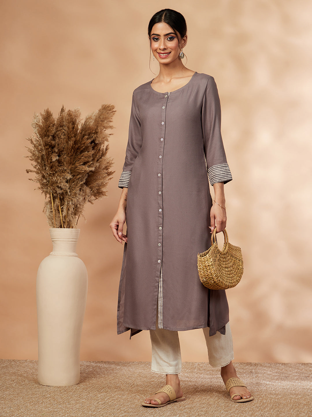 Solid Grey A-Line Kurta