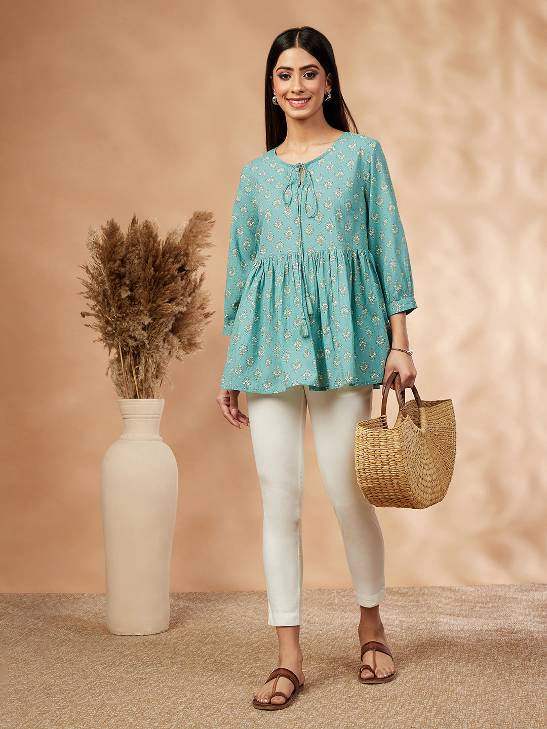 Mint Printed Gathered Top