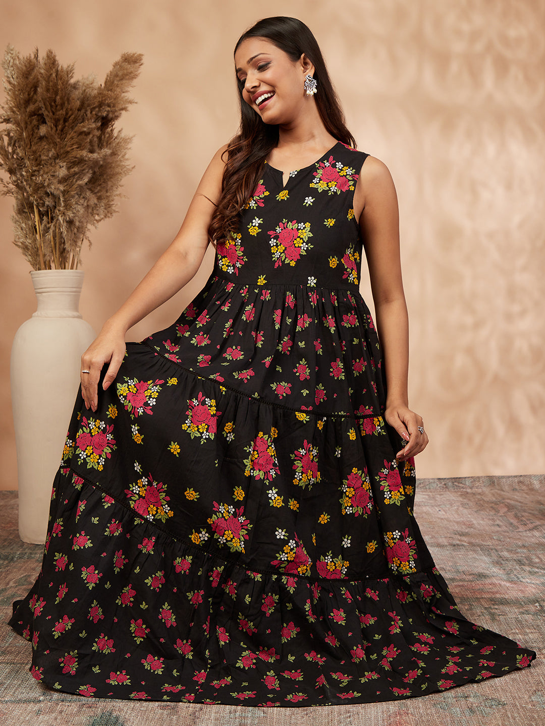 Black Floral Print Tiered Dress