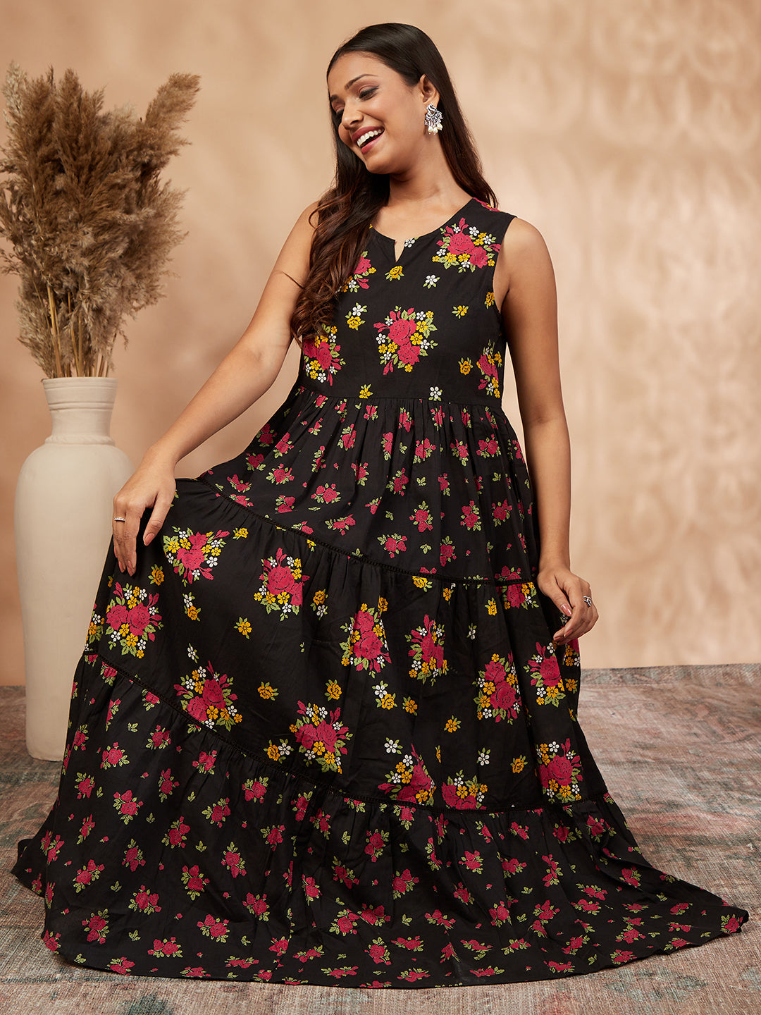 Black Printed Cotton Tiered Dress