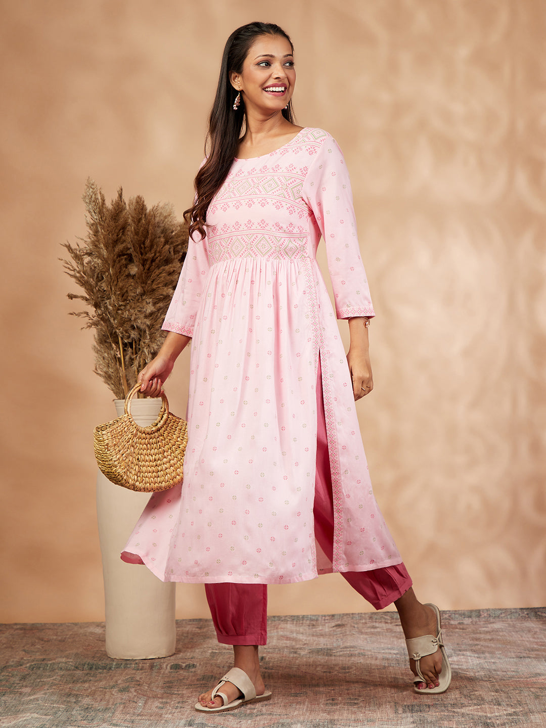 Light Pink Print  Gathered Kurta