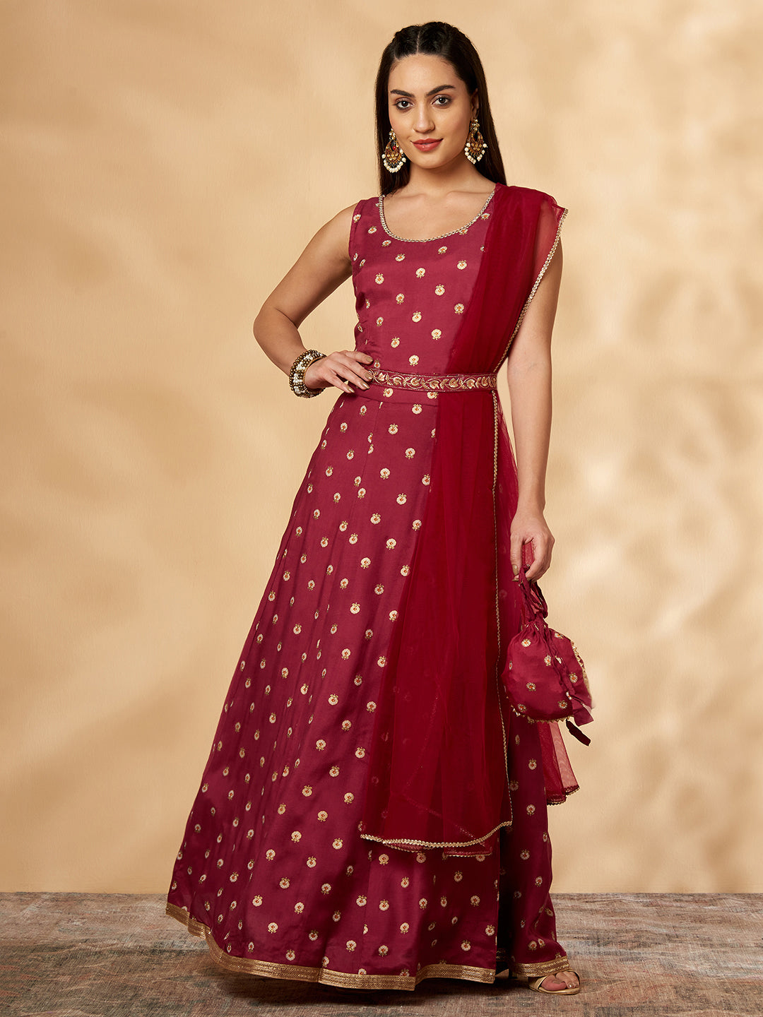 Wine Printed Belt Anarkali Lehenga Set