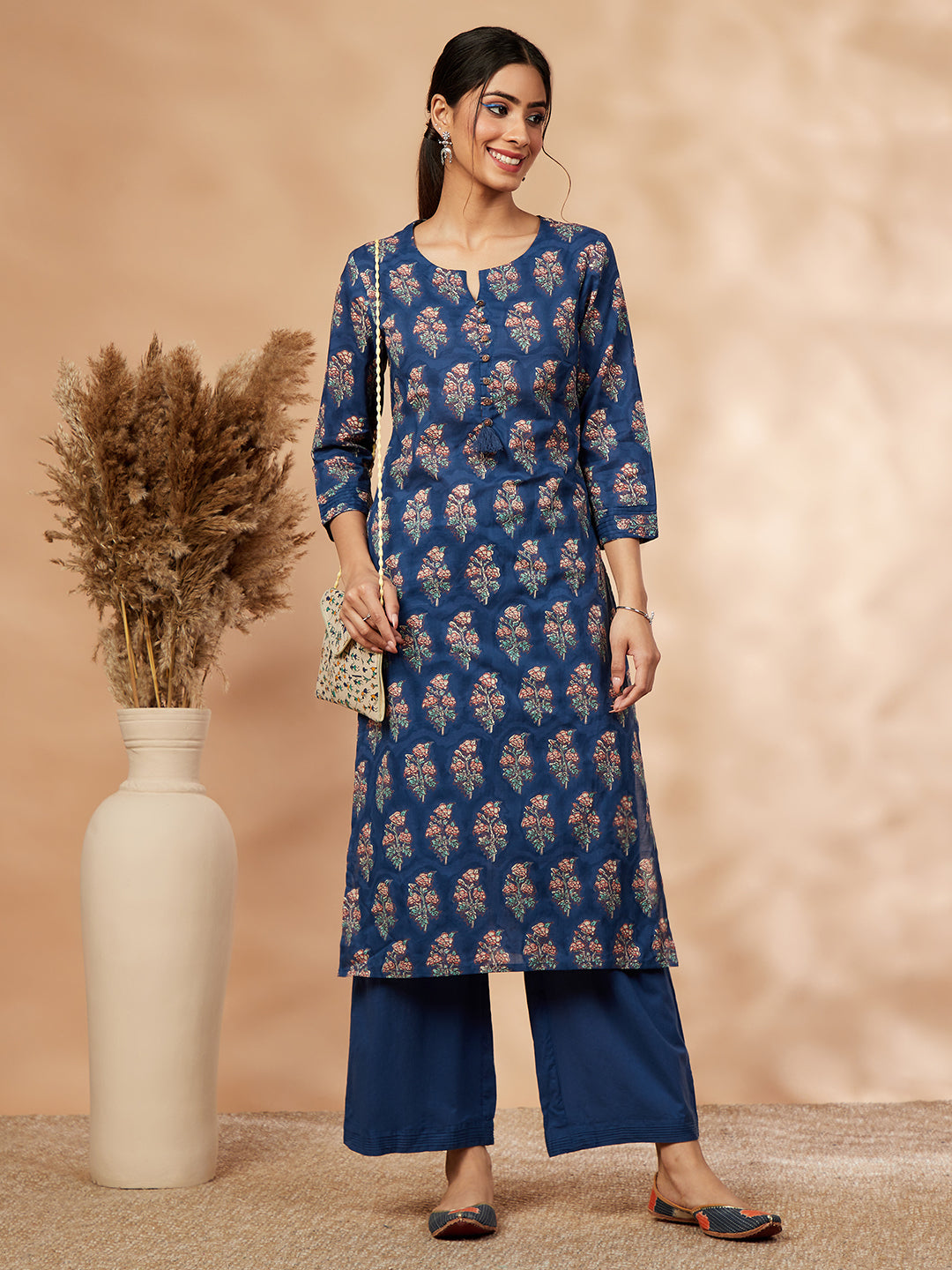 Navy Blue Printed Cotton Kurta Set