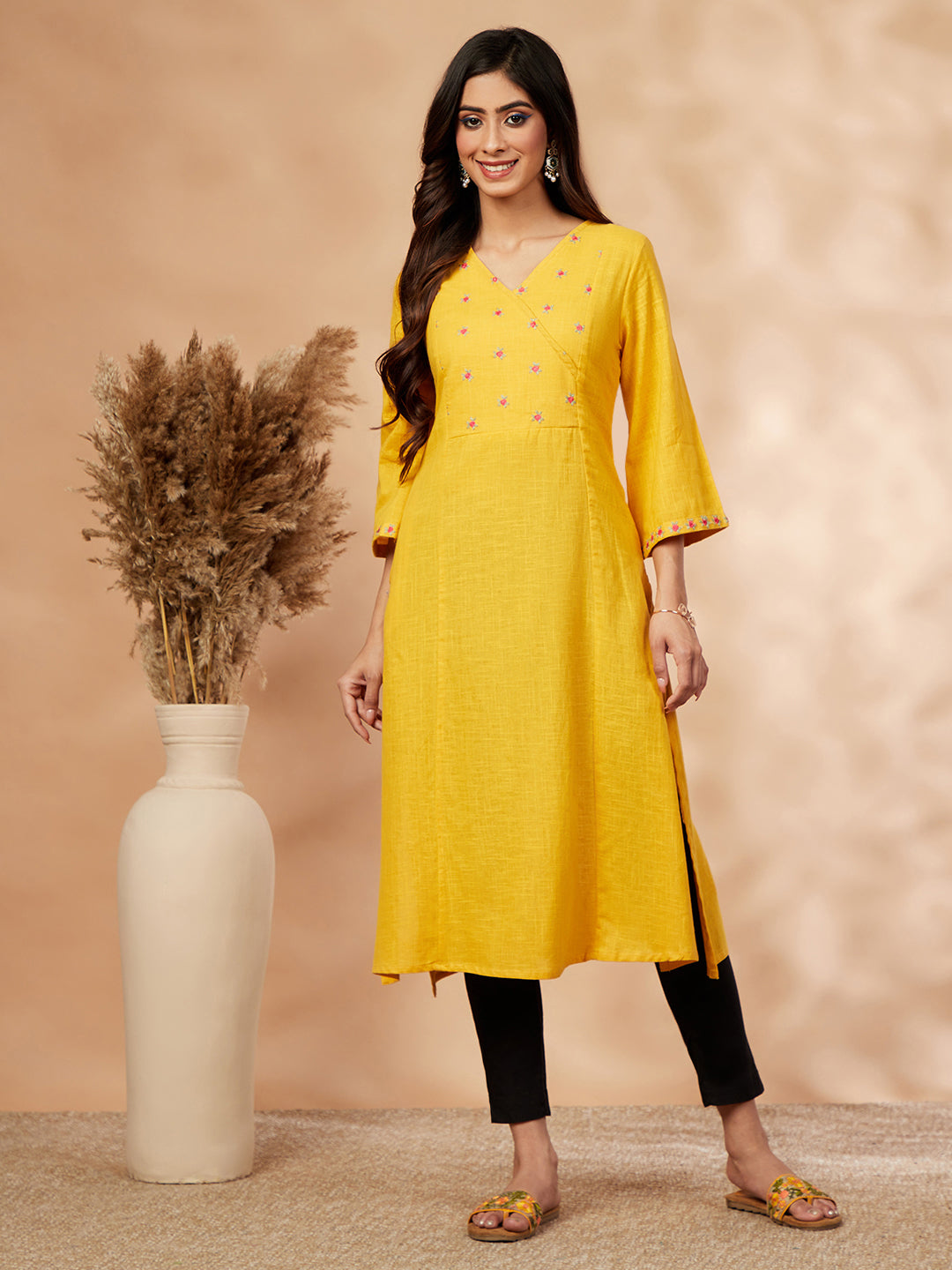 Mustard Floral Embellished A-Line Kurta