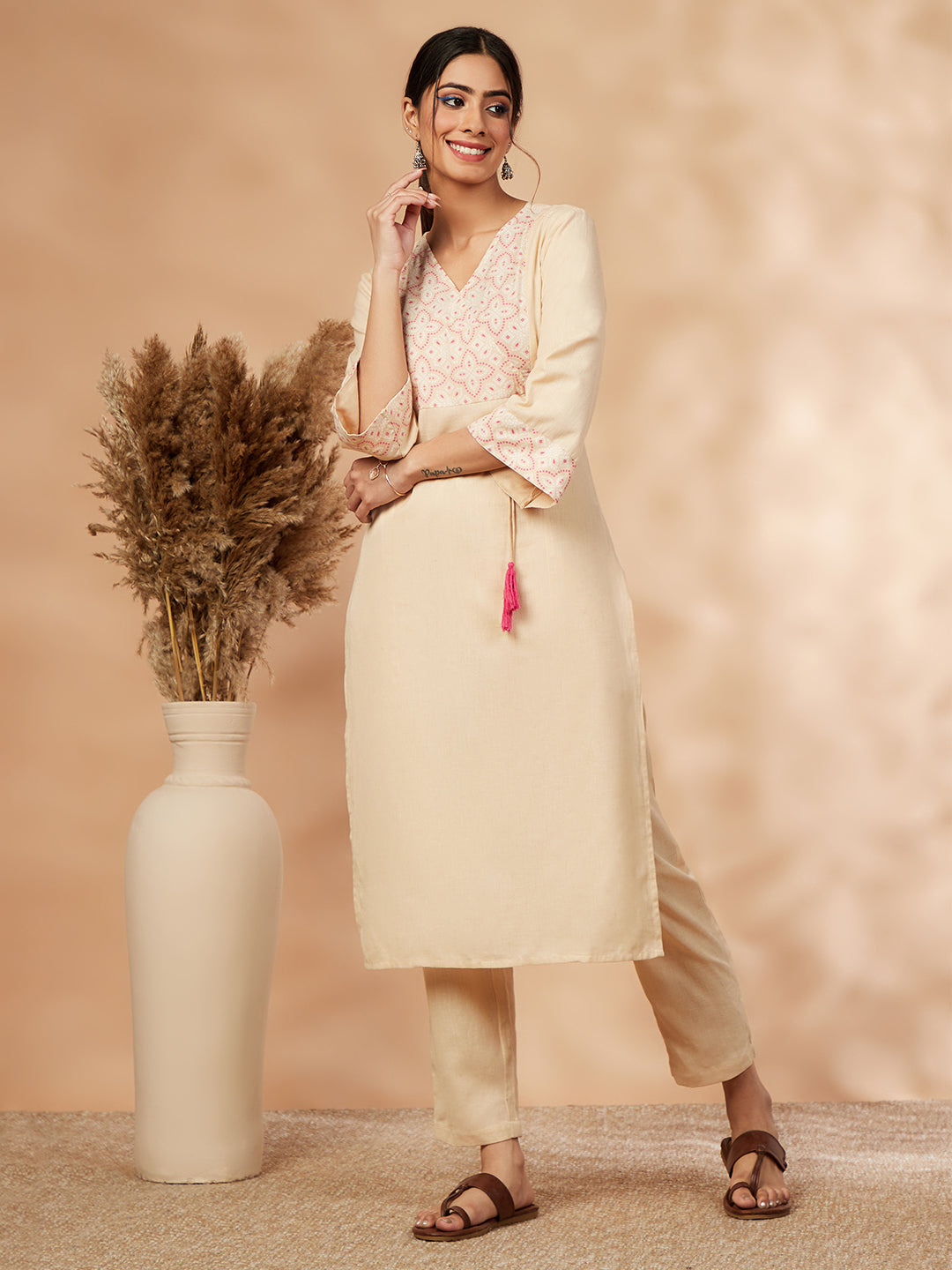 Beige Printed Straight Kurta Set