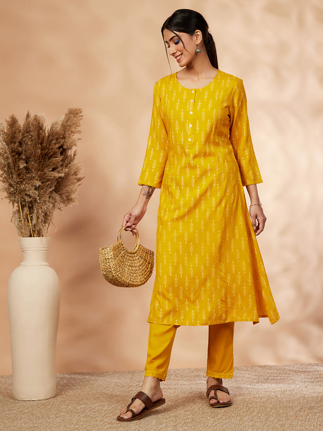 Mustard A-Line Kurta Set