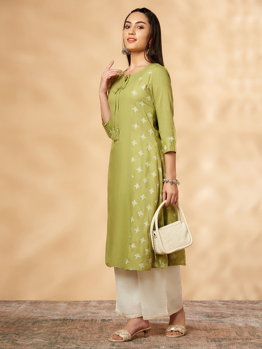 Printed A-line Lime Green Kurta