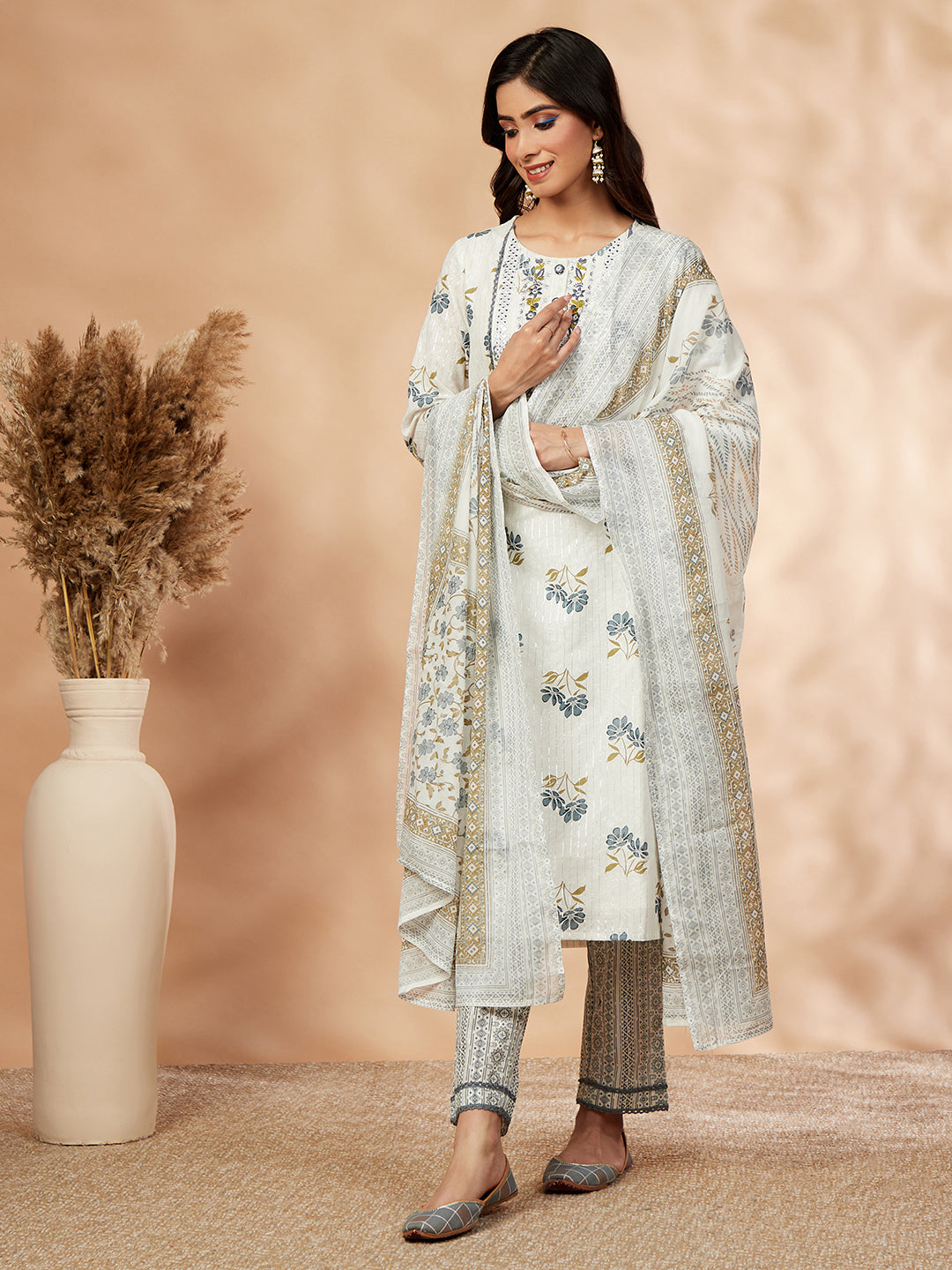 Blue Cotton Printed Straight Kurta Set
