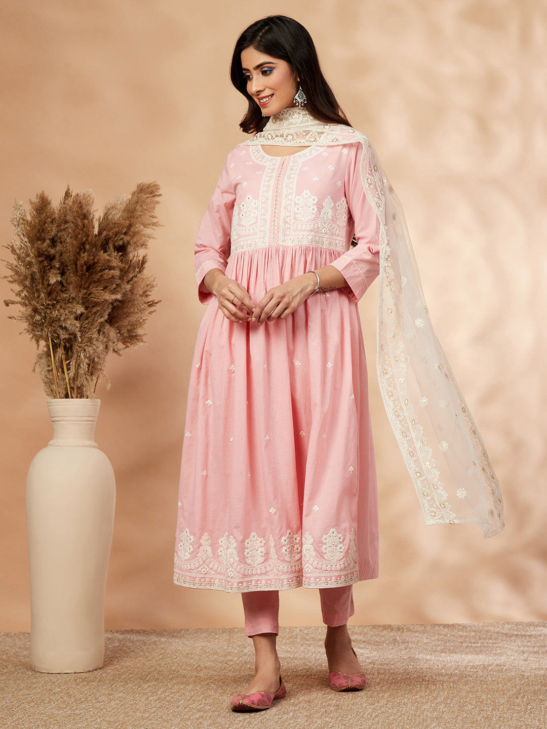 Light Pink Embroidered Gathered Kurta Set