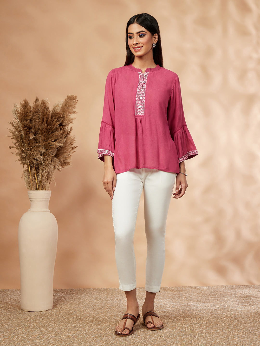 Solid Rose Pink  Gathered Top