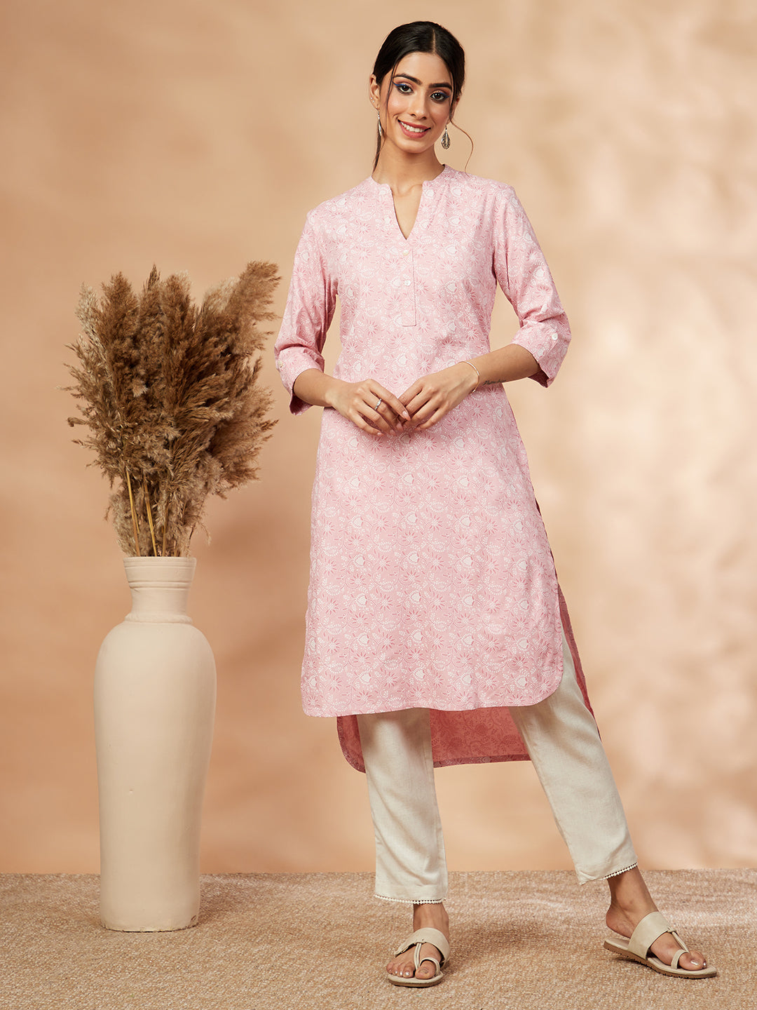 Printed Light Pink Straight Kurta