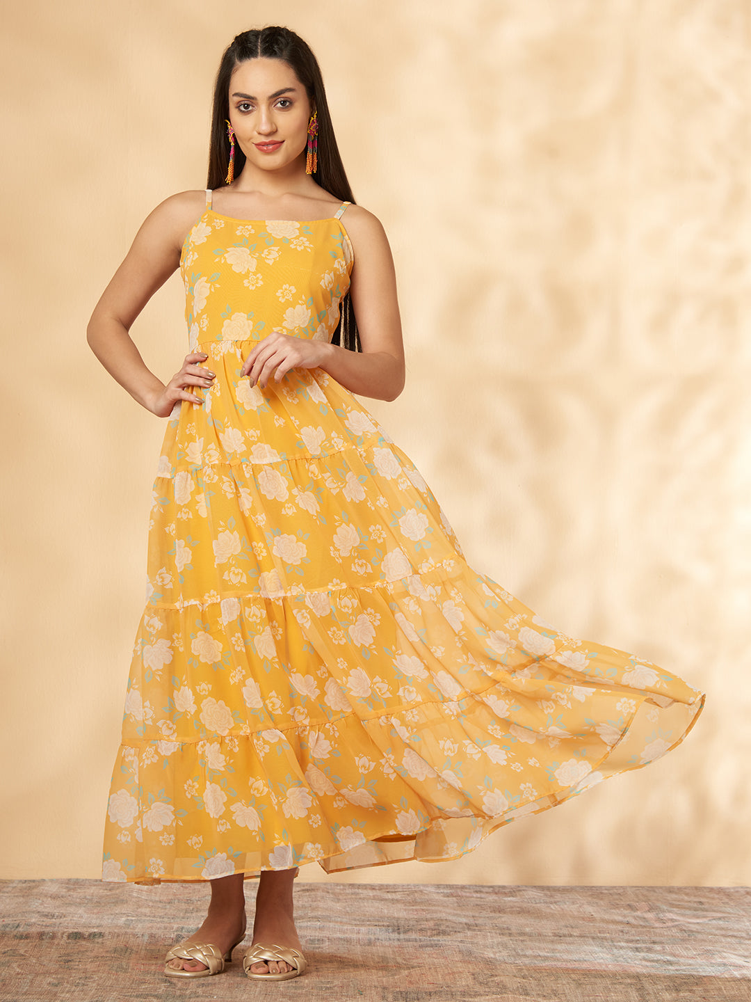 Floral Yellow Printed Tiered Dress