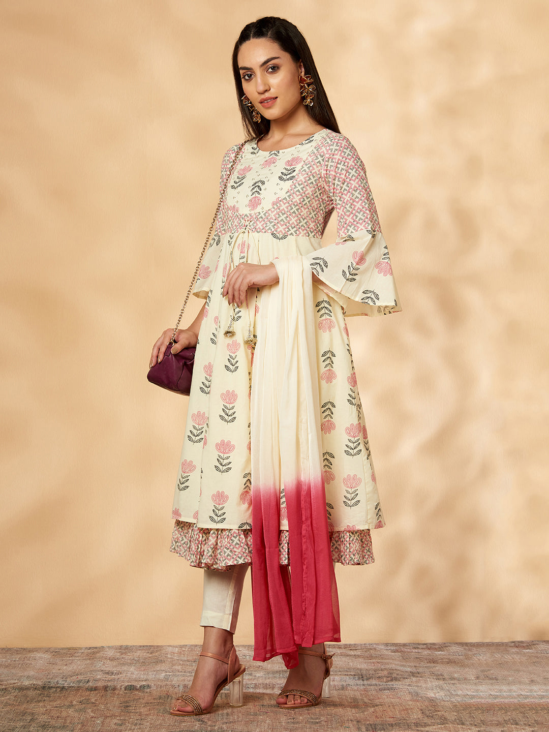 Off-White Printed Anarkali Kurta Set