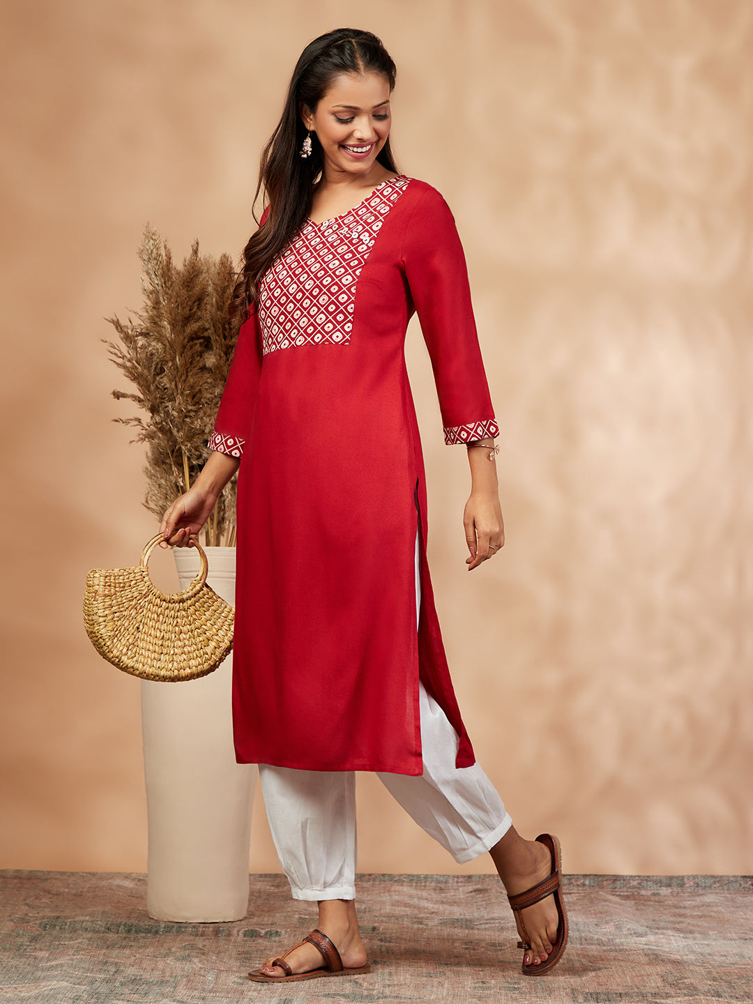 Printed Red Straight Kurta